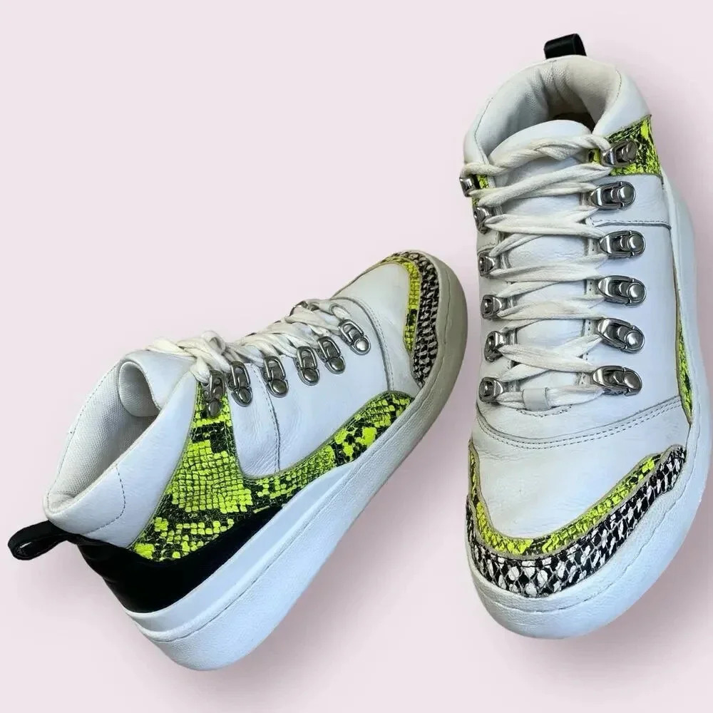 Vince Camuto Leather Lace Up High Top Sneakers Size 7M Samphy Neon Snakeskin